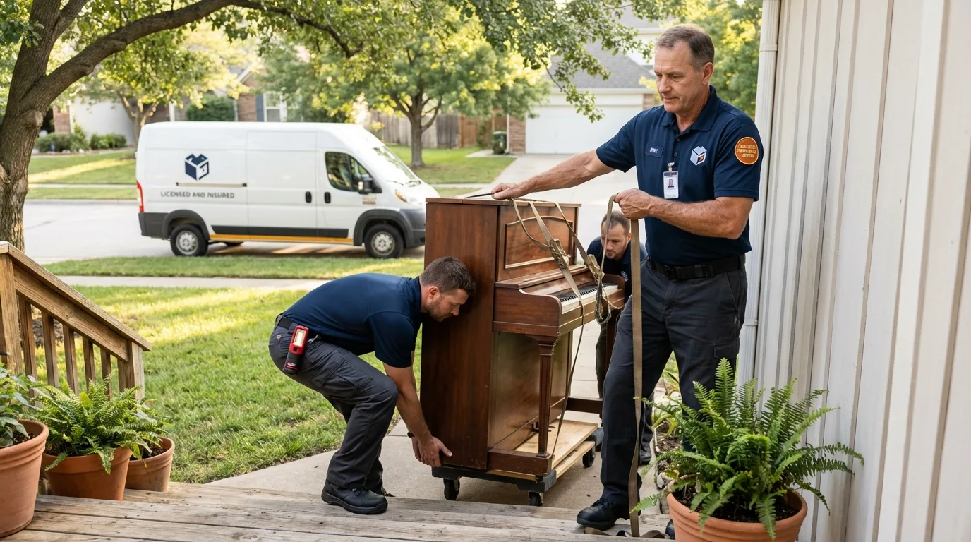 Licensed piano movers securing grand piano in Greensboro, MD