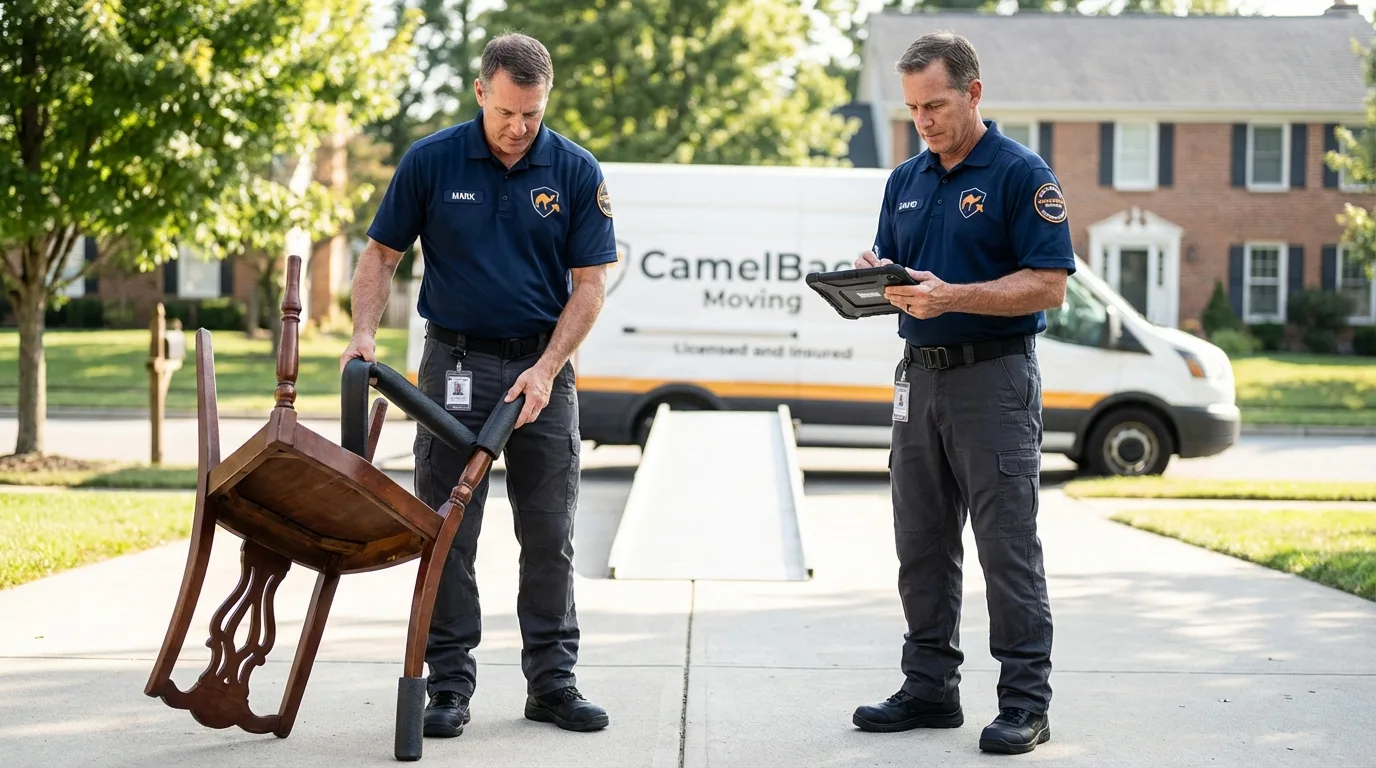 Movers inspecting furniture for damage prevention before loading in Greensboro, MD